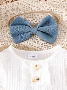 2pcs Baby Girl Solid Color Buttoned Cap Sleeve Onesie & Bowknot Decor Skirt Set With Hair Scrunchie