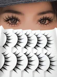 5 Pairs Pointed Tip Cartoon Style False Eyelashes, 12mm Black Stems, Japanese Anime Inspired Lashes, Demon Style & Natural Look Eyelashes