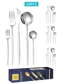 Juego de cubiertos de 15/20/30 piezas de acero inoxidable, elegante conjunto de cubiertos dorados de 15/20/30 piezas, conjunto de cubiertos con acabado dorado, cuchillos, tenedores y cucharas de cena reutilizables para uso diario y en el hogar, caja de regalo, útiles escolares