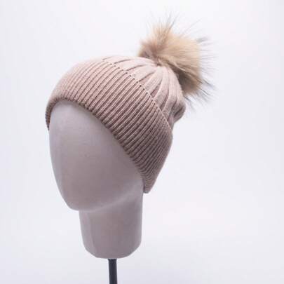 1pc Women Wool Blend Fur Pom Pom Knit Slouchy Beanie Winter Hat Ski Cap Skull