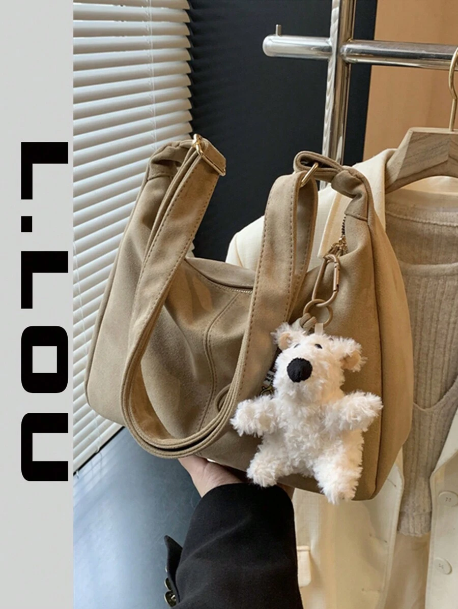 大容量休闲绒面毛绒装饰手提包，拼布色块单肩斜挎包，优雅百搭通勤手提包，适合女士