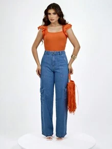Women's Wide Leg Cargo Jeans High Waist - 中等水洗藍 - 查看 4
