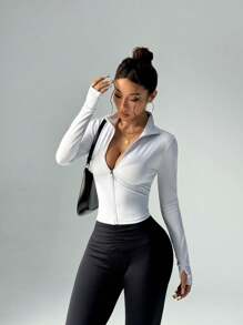 FWH 女士修身健身跑步运动拉链弹力休闲收腹柔软风格简约优雅服装套装 - 极具吸引力的组合，撞色拼接，跑步街头穿着，时尚性感紧身长袖瑜伽夹克两件套