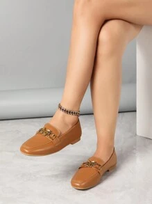 Women's Casual Flat Square Toe Shoes With Metal Buckle, Brown Loafers