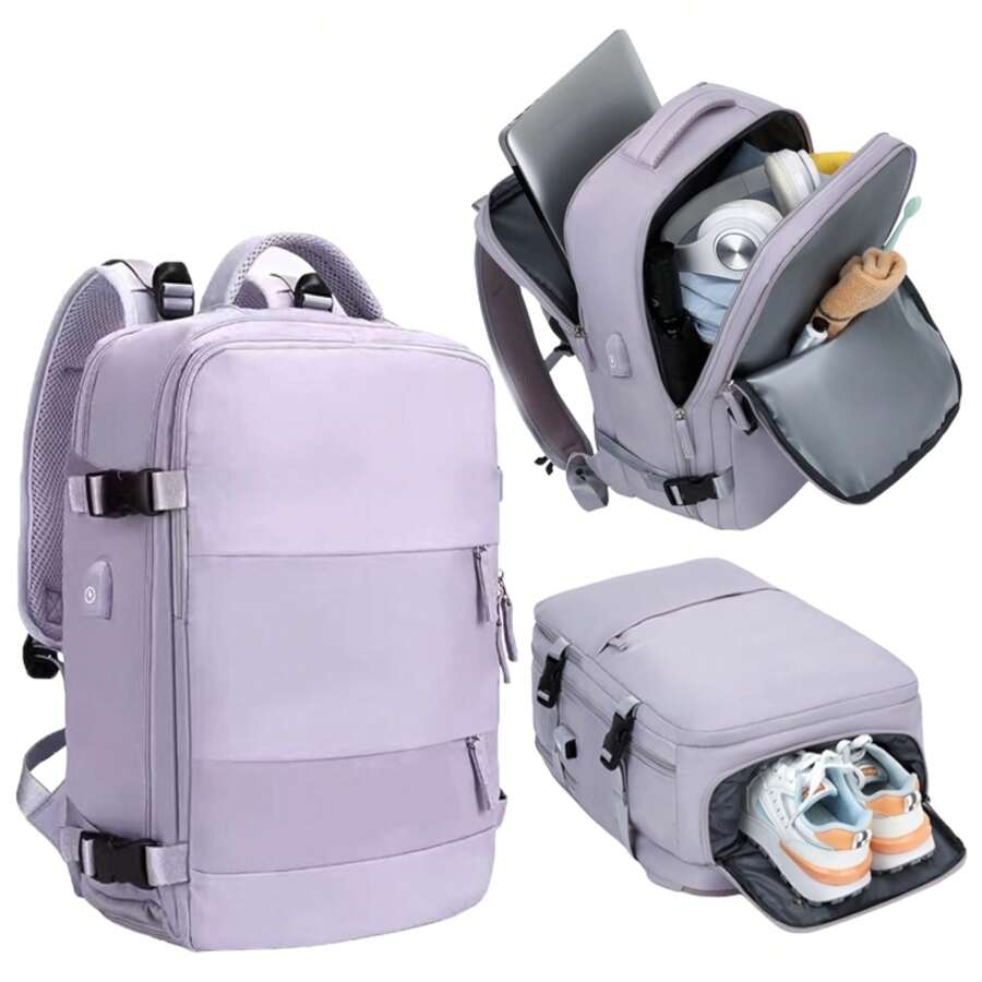 Travel Backpack For Airplane Cabin 45x36x20 For Vueling, Ryanair | Waterproof And Spacious Hand Luggage With Shoe Compartment | Multifunctional Anti-Theft Backpack For Travel And Business Trips(2210-001) - 淡紫色 - 查看 1