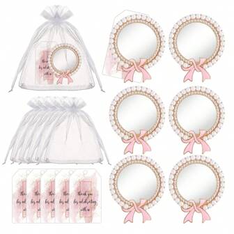 5 Set Stylish Round Mirror Sets Portable Cute Hand Mirror Princess Mirror Small Compact Travel Mirror Makeup Mirror With 5 Pcs Mirrors, 5 Pcs Organza Bags, 5 Pcs Hang Tags, For Princess Party Favors Bridal Shower, Wedding, Anniversary