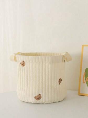 1pc Small & Large Size Solid Color Baby Storage Basket, Diaper Clothes Organizer, Quilted Embroidered Bear Design, Children Toy Storage Bin, Desktop Stationery Holder, Love Valentine