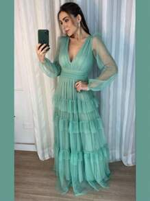 Women's 3 Marias Long Ruffle Dress, Open Back, Long Sleeve, Tulle, Elegant, End Of Year Parties - Màu xanh Bạc hà - Xem 2