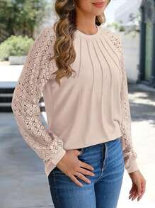 Women's Long Sleeve Shirt Lace Sleeve Blouse Business Casual Tops Fall Casual Loose Work T Shirt - 杏色 - 查看 2