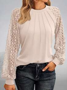 Women's Long Sleeve Shirt Lace Sleeve Blouse Business Casual Tops Fall Casual Loose Work T Shirt - 杏色 - 查看 3