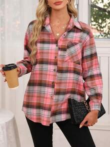 女式宽松休闲格子落肩长袖单排扣口袋衬衫，春夏