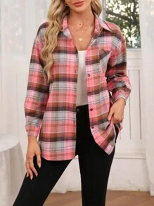 女式宽松休闲格子落肩长袖单排扣口袋衬衫，春夏