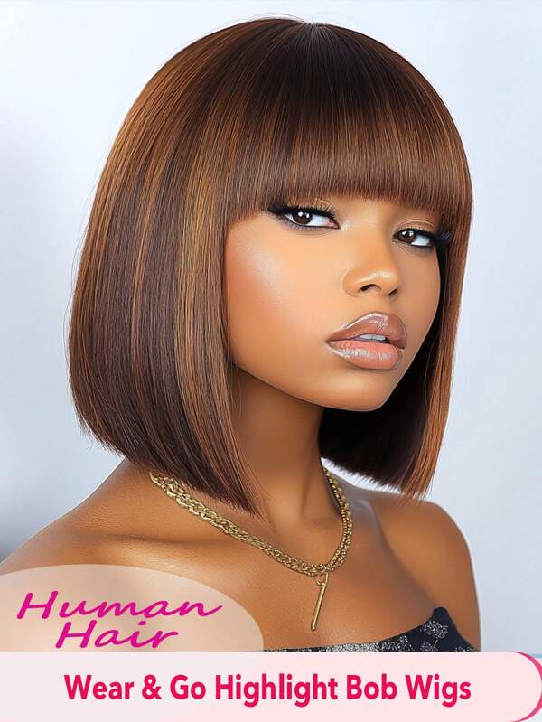 Highlight Brown Colored Bone Straight Human Hair Bob Wigs Full Machine Made Wigs P4 30 Human Hair Wigs With Bangs For Women