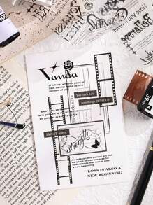 6 卷/盒，复古优雅黑白元素英文单词图案胶带，PET 防水透明贴纸卷 - 剪贴簿装饰 DIY 手册日记装饰材料，独特的礼品包装装饰胶带 - 黑色 - 查看 11