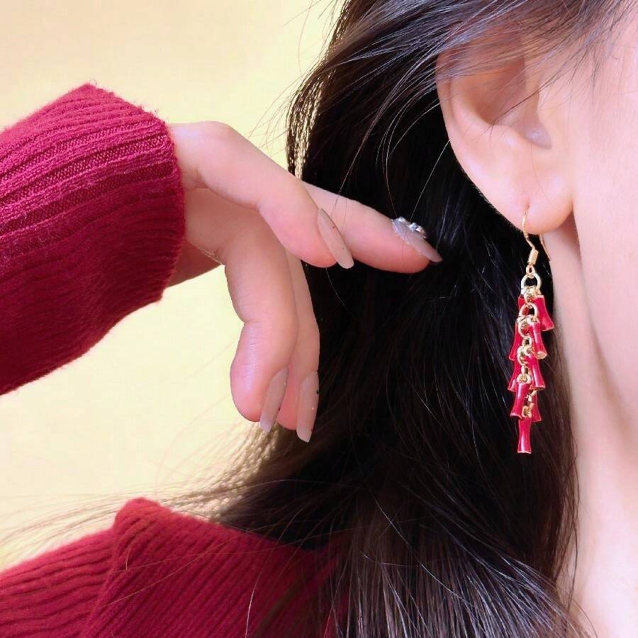 1 Cặp bông tai tua rua pháo hoa nhỏ giọt màu đỏ phù hợp cho phụ nữ - móc tai bạc 925 - Xem 1