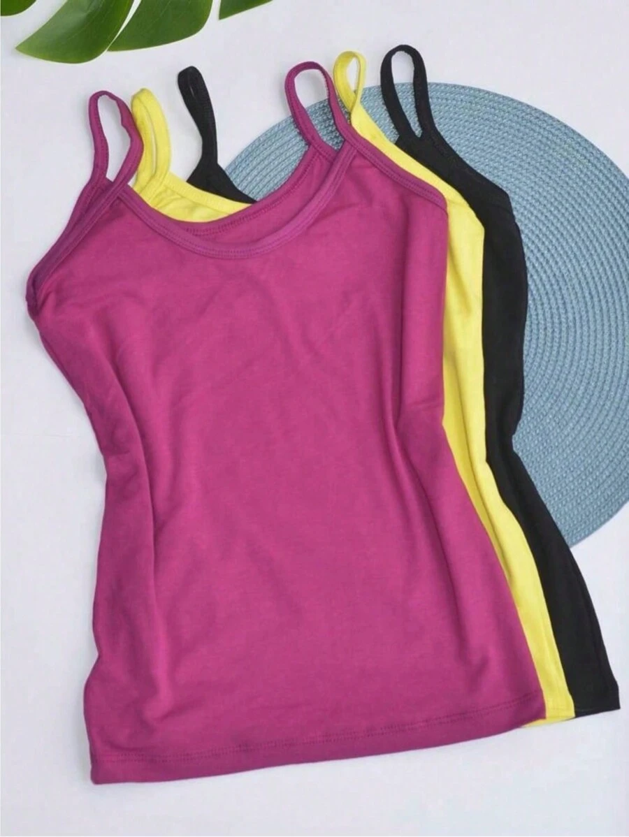 Kit 3 Basic Women's Tank Tops With Thin Straps - 黑色,黃色和紫紅色 - 查看 1