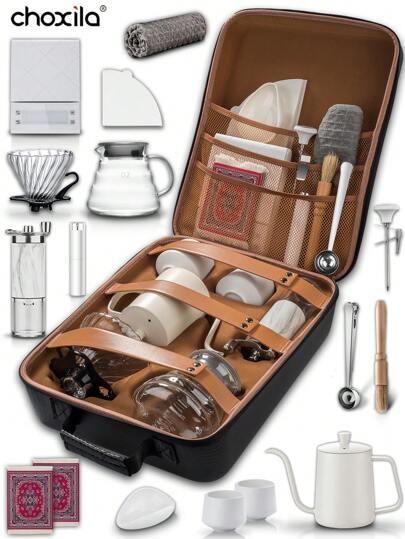 choxila 9件/17件套咖啡套装，包含黑色收纳盒、手冲咖啡器具，适合作为节日礼物和办公用品，容量2-4杯，国庆节礼物，600毫升白色咖啡壶，600毫升咖啡分享壶，50张咖啡滤纸，滤杯，白色电子秤，咖啡杯，杯垫，开学季礼物