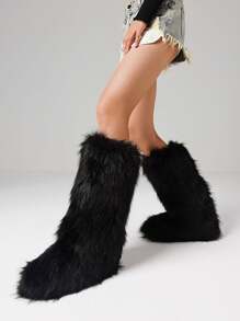 Furry Fluffy Women Snow Boots Warmplush Knee High Flats Luxury Fashion Punk Goth Cosplay Women Winter Shoes - 黑色 - 查看 3