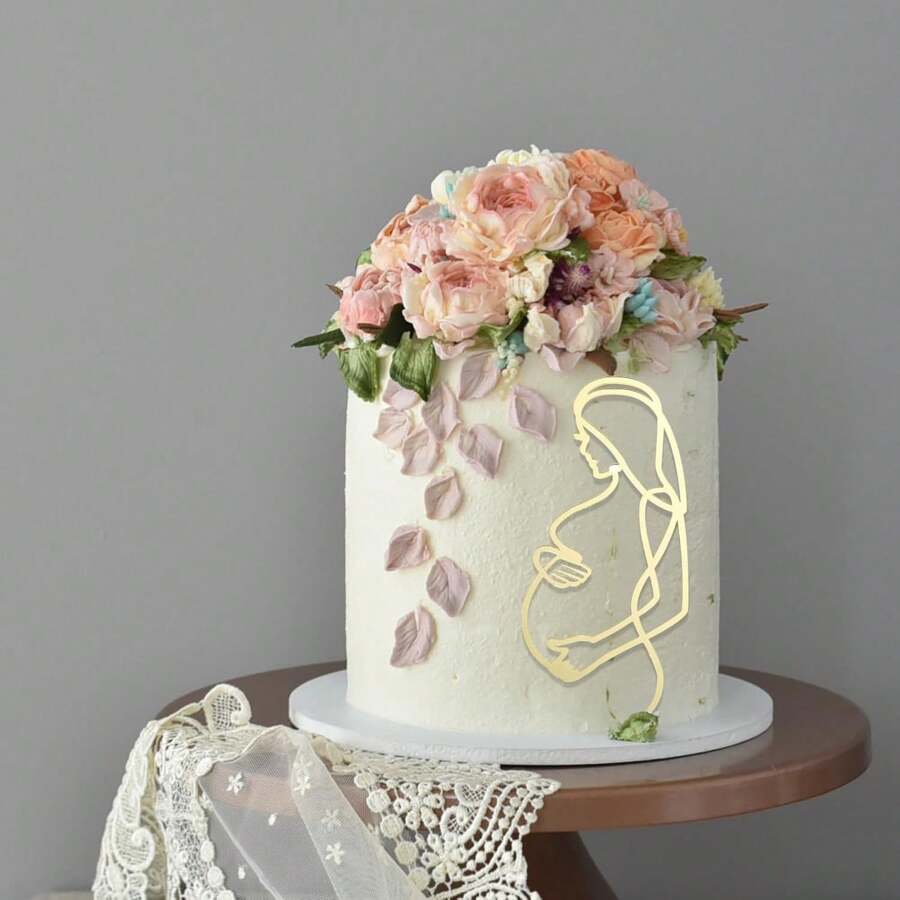 Pregnant Girl Silhouette, Abstract Line Art Cake Topper, Pregnant Girl Acrylic Happy Birthday Cake Topper, For Expectant Mothers Party Gold Mirror Cake Topper, Pregnant Lady Baby Shower Cake Topper. - Multicolor - View 1