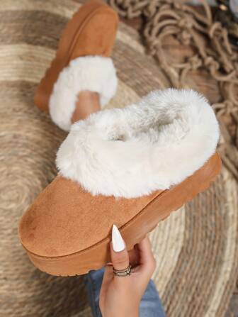 女式 5.5 厘米厚底保暖内衬踝靴，厚实保暖休闲一脚蹬短靴，纯色，适合秋冬季