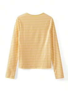Women's Rib Knitted Striped T-Shirts Contrast Color Slim Fit Long Sleeve Round Neck Casual Tee Tops - Yellow - View 6
