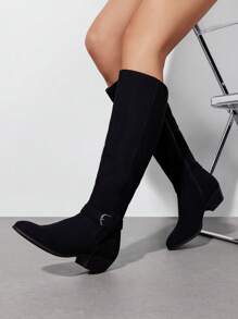 Women's Pointed Toe Casual Knee High Boots Pull On Side Zipper Comfortable Chunky Heel Boots - màu đen - Xem 3