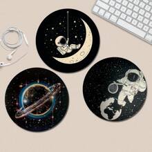 1pc Cute Astronaut & Moon Design Round Mouse Pad With Non-Slip Rubber Base, Small Mini Travel Mouse Pad Suitable For Wireless Computer Laptop, Office Desk Accessories - Multicolor - View 1