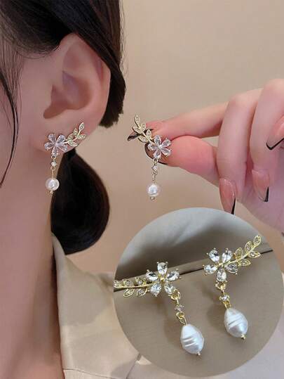 topshiny 1 Đôi bông tai ngọc trai nước ngọt thiết kế hoa lá thanh lịch, phụ kiện trang sức đa năng dành cho nữ (Kiểu ngọc trai có thể khác nhau tùy lô hàng)