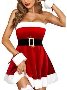 1 套露背上衣，性感前裹红色圣诞装，涤纶连衣裙，秋冬万圣节 - 紅色 - 查看 11