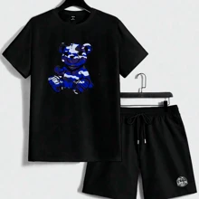 Blue Camouflage Bear Set Cotton T-Shirt + Tectel Elastane Shorts For Men Adult - 黑色 - 查看 1
