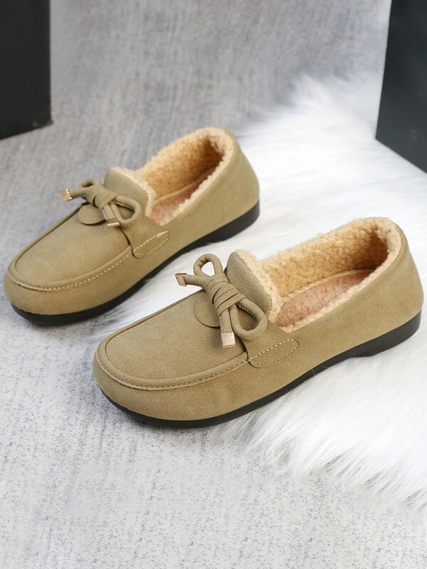Women's Bow Decor Round Toe Flat Shoes, Thermal Lined Warm And Soft Bottom Slip-On, Outdoor Casual Snow Sports Shoes For Autumn/Winter