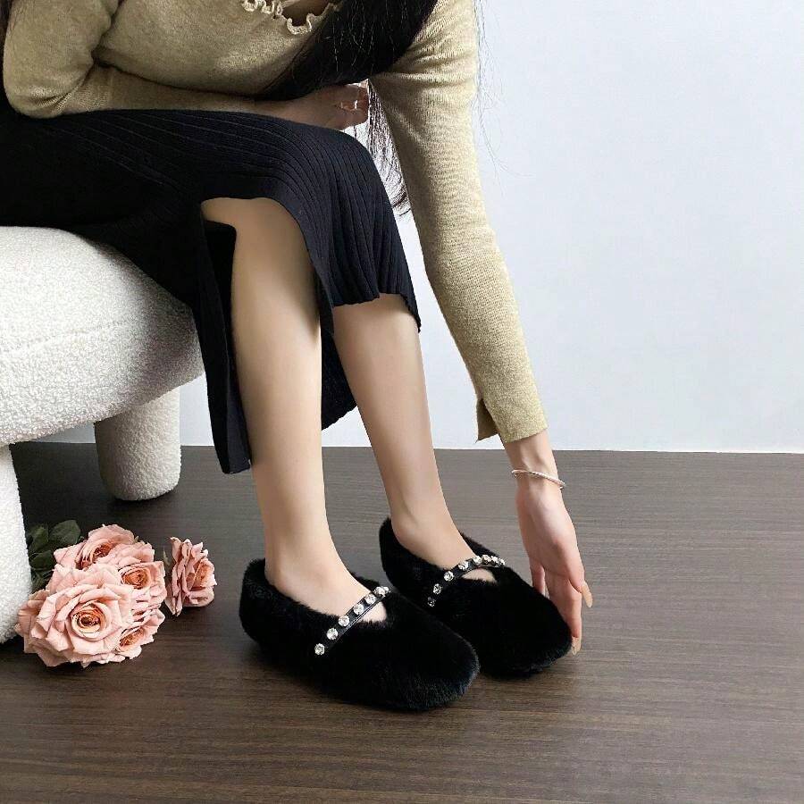 Women Winter Flat Shoes, Thermal Lined Thick Sole Casual Mary Jane Faux Pearl Decor Fuzzy Slip-On Soft Bottom Soft Shoes, Black - Black - View 1