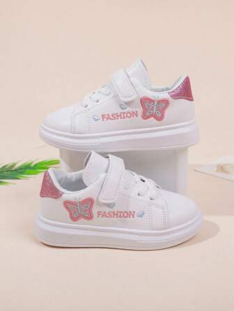 1 Pair Children Small White Shoes With Butterfly Accessories, Suitable For All Seasons, PU Leather