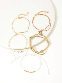 Bộ 6 vòng tay hạt cườm hình trái tim thời trang, hạt gạo & vòng tay đàn hồi dành cho nữ - Vàng - Xem 5