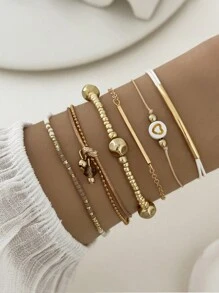 Bộ 6 vòng tay hạt cườm hình trái tim thời trang, hạt gạo & vòng tay đàn hồi dành cho nữ - Vàng - Xem 1