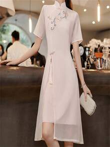 复古优雅花卉刺绣改良旗袍连衣裙