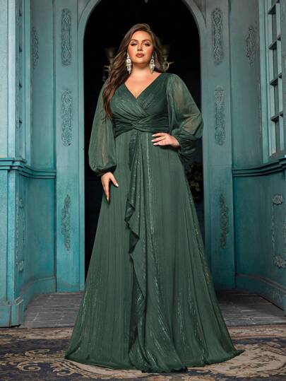 QOQ Plus Size Party Evening Gown Elegant Women Long Sleeve Formal Dress For Cocktail Party, Galas, Dinner Party,Formal Events Solid Color Ruffle Lantern Sleeve Dresses