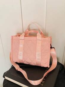 简约字母印花帆布手提包，女士新款休闲单肩包 - 粉色 - 查看 2