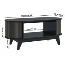 Mesa de centro moderna de mediados de siglo con almacenamiento oculto y paneles acanalados - Mesa ovalada de madera con tapas abatibles, pieza central ideal para la sala de estar, la oficina o espacios pequeños - Negro - Ver 6