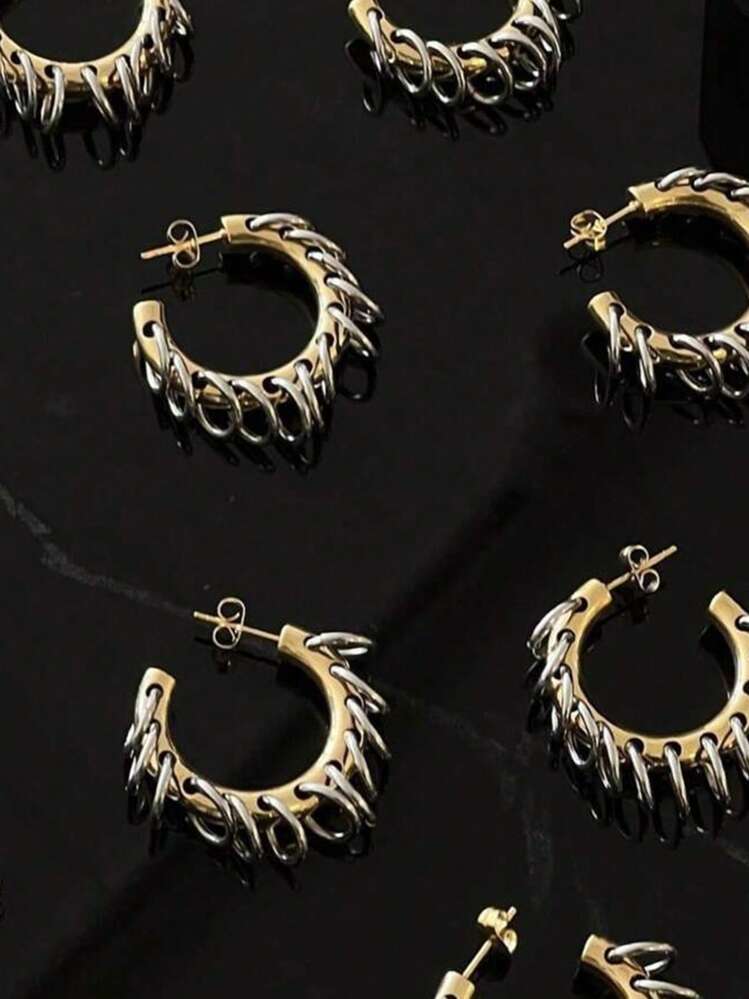 Nouvelles boucles d'oreilles à anneaux à la mode avec chaîne à franges en acier inoxydable pour femmes. Boucles d'oreilles à anneaux épaisses en acier inoxydable de ton double punk cool, accessoire de bijoux - Multicolore - Voir 5