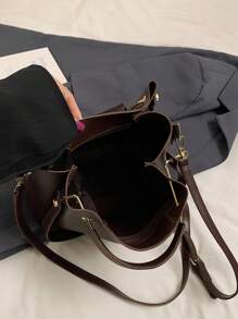 1件复古高端优雅水桶方包手提褶皱立体小包新款秋冬款适合日常通勤约会女士手提单肩斜挎包 - 咖啡棕 - 查看 8