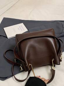 1件复古高端优雅水桶方包手提褶皱立体小包新款秋冬款适合日常通勤约会女士手提单肩斜挎包 - 咖啡棕 - 查看 9