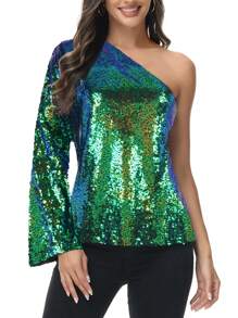 Women's Sparkly Sequin Party Tops Long Sleeve One Shoulder Top Blouse Shirts - 綠色 - 查看 1