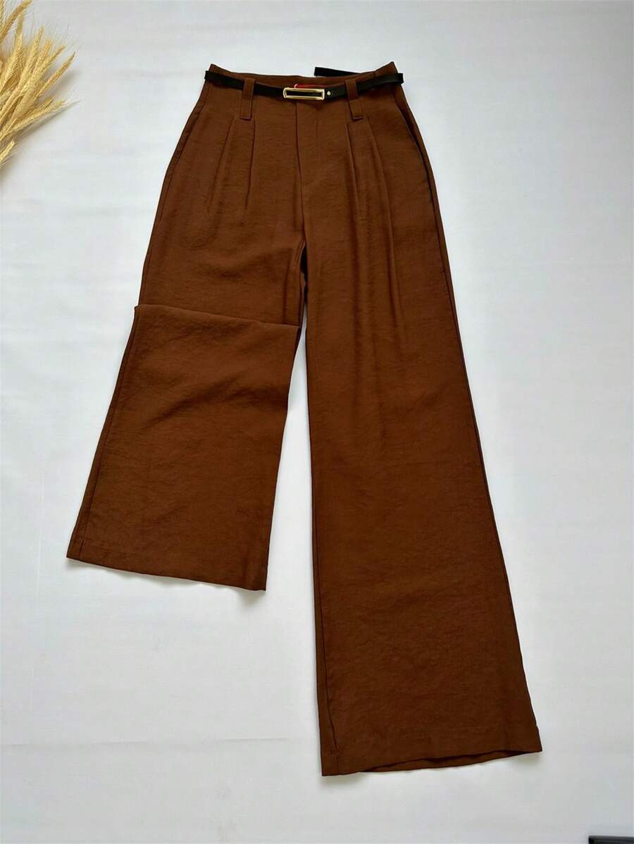 JEMMY MODA Women's LYOCELL Woven Wide Leg Pants, Casual Pocket, WITH BELT - Cà phê nâu - Xem 1