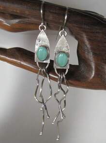 全新复古橙色椭圆形宝石长耳环 女士女孩珠宝 银色手工扭曲金属吊坠耳环 - 彩色 - 查看 6