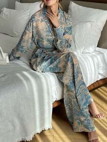 2 件套女士优雅法式印花长袖系带衬衫和宽松高腰阔腿裤休闲简约套装 - 彩色 - 查看 7
