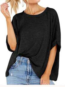OUTBALL Women Oversized T-Shirt Loose Fit Workout Tops Short Sleeve Gym Basic Tee Shirt - 黑色 - 查看 2