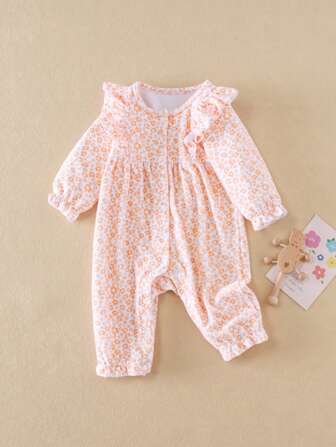 Mono de bebé niña con diseño de volantes, estampado floral naranja vibrante, alegre y dulce, para otoño/invierno