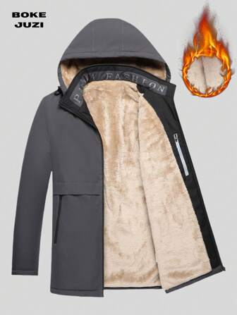 Men's Letter Patch Wool-Lined Detachable Hood Warm Puffer Jacket Coat