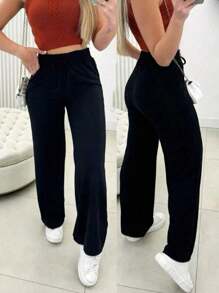 Women's High Waisted Lace-Up Palazzo Pants With Pockets In Winter - màu đen - Xem 1